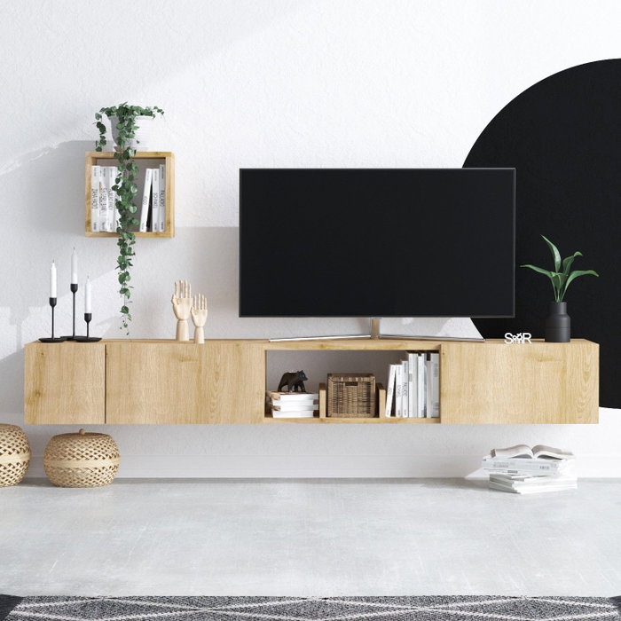 Hanah Home Mueble TV Roble Zafiro 180cm Ancho, Estante Pared 25cm, Cómoda 50cm